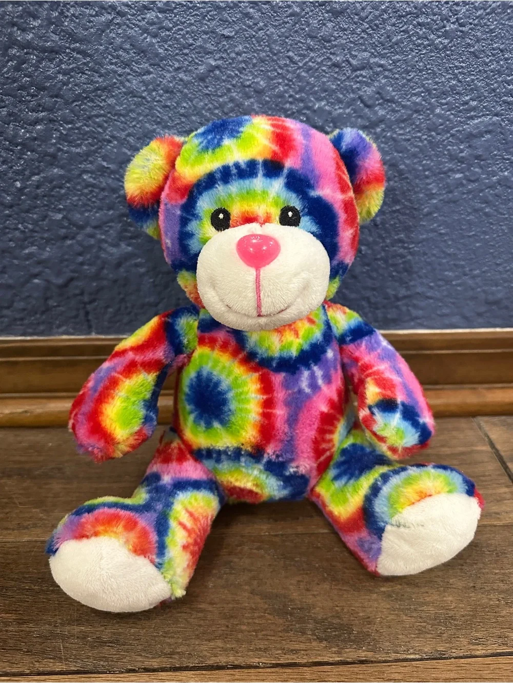 PEACE PALS Rainbow Tie Dye Bear Stuffed Animal Plush Plastic Glitter Nose
